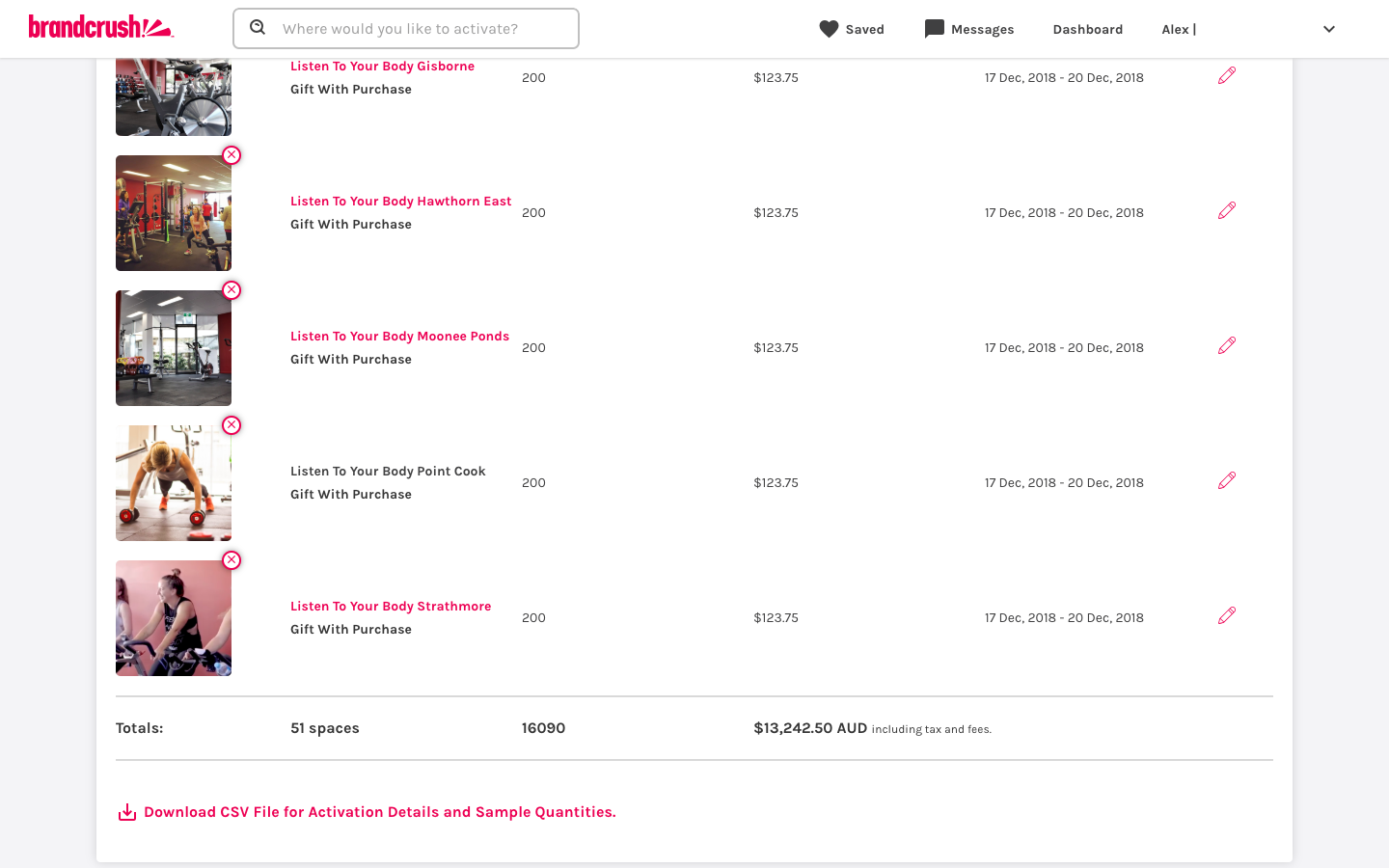 Brandcrush campaign booking multiple Activation Spaces at once